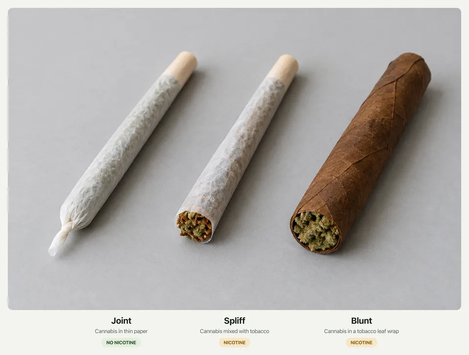 A joint, a spliff and a blunt side by side. The joint and spliff are rolled in white paper; the spliff shows tobacco mixed with cannabis at the open end; the blunt is thicker and rolled in a brown tobacco leaf.