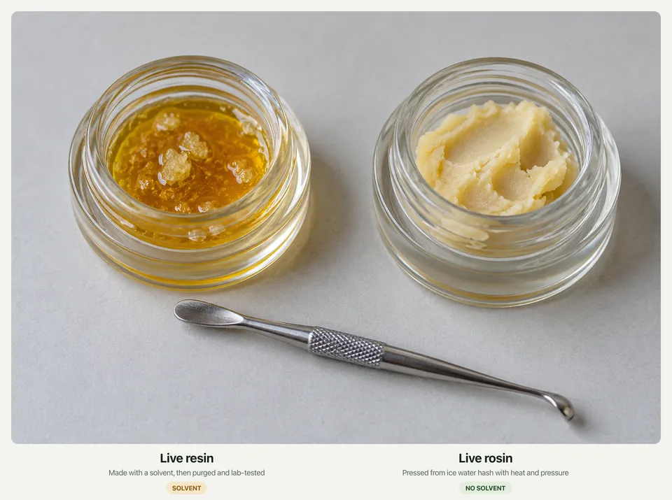 Two open glass jars side by side: golden live resin sauce with small crystals on the left, pale creamy live rosin on the right, with a steel dab tool between them.