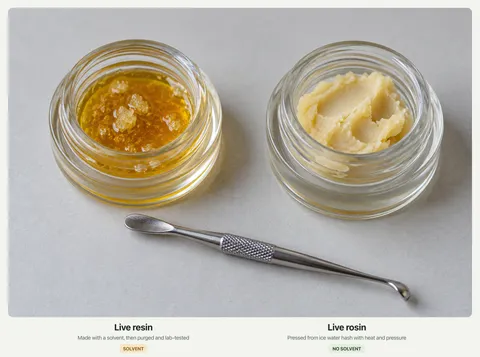 Two open glass jars side by side: golden live resin sauce with small crystals on the left, pale creamy live rosin on the right, with a steel dab tool between them.