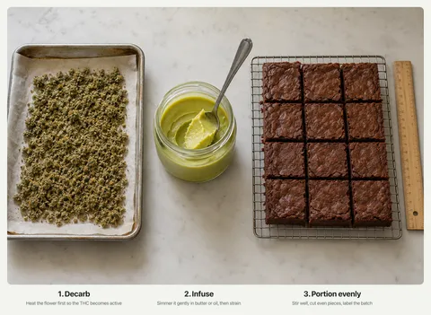 A baking sheet of decarbed ground cannabis, a jar of pale green infused butter, and a tray of brownies cut into even squares next to a ruler.