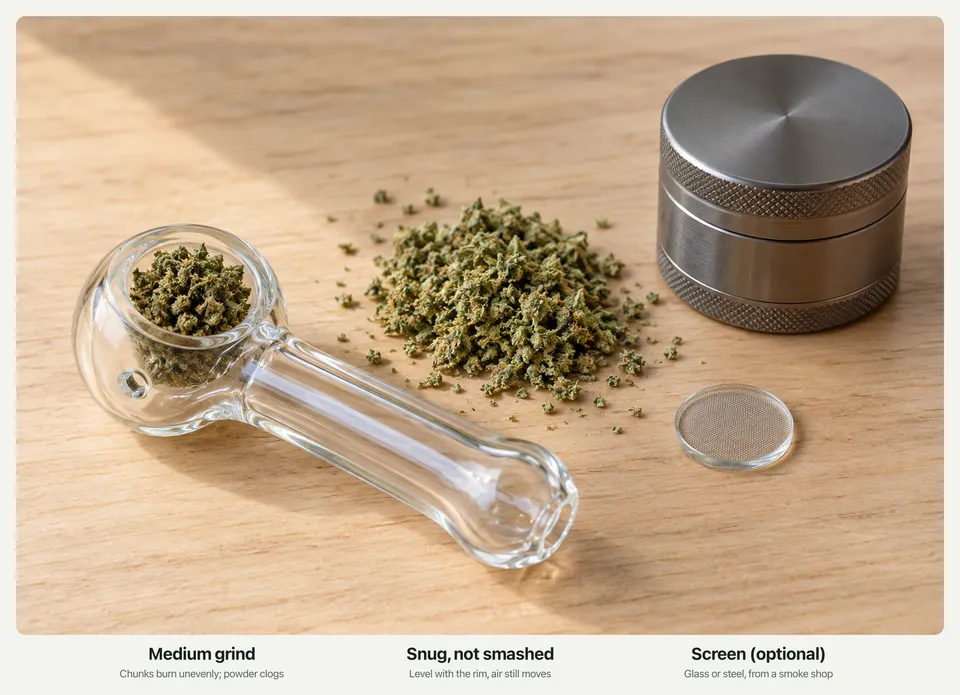 A glass spoon pipe with its bowl packed level with ground cannabis, next to a pile of ground flower, a grinder and a small glass screen.
