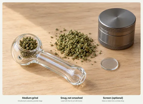 A glass spoon pipe with its bowl packed level with ground cannabis, next to a pile of ground flower, a grinder and a small glass screen.
