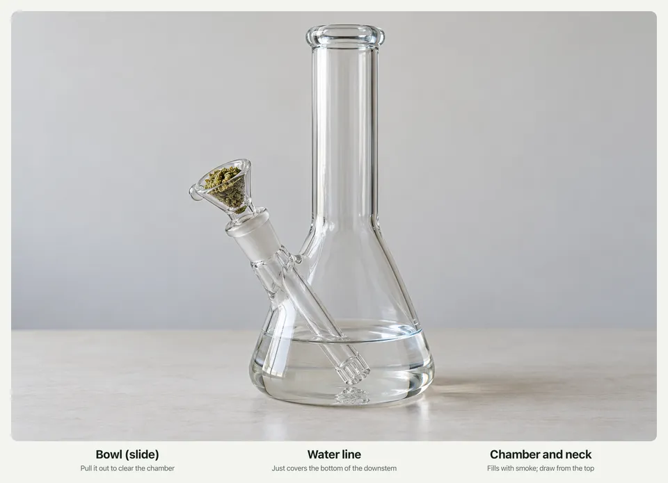 A clear glass beaker bong with water covering the bottom of the downstem and a packed bowl in place.