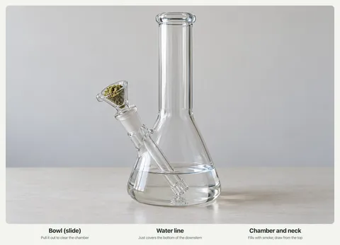 A clear glass beaker bong with water covering the bottom of the downstem and a packed bowl in place.