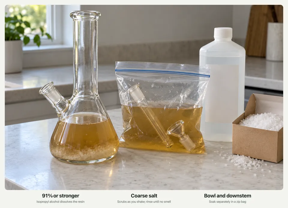 A glass bong half full of amber alcohol and salt next to a zip bag soaking the bowl and downstem, a bottle of isopropyl alcohol and a box of coarse salt.
