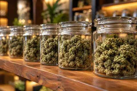 A row of glass jars of cannabis buds on a dispensary shelf