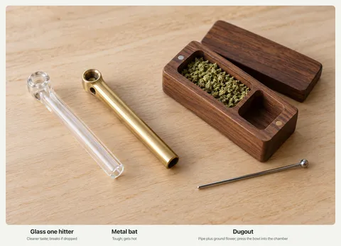 A glass one hitter, a brass one hitter, and an open wooden dugout box holding ground cannabis, with a thin metal poker.