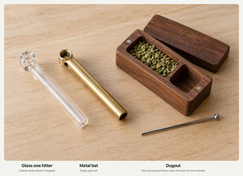 A glass one hitter, a brass one hitter, and an open wooden dugout box holding ground cannabis, with a thin metal poker.