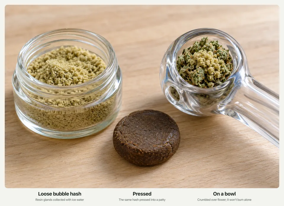 A small jar of pale sandy bubble hash, a pressed dark hash patty, and a glass pipe bowl of ground flower topped with crumbled hash.