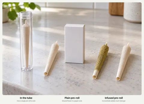 Pre-rolled cones on a counter: one in a clear tube, one plain, and one dusted with kief next to a plain one.