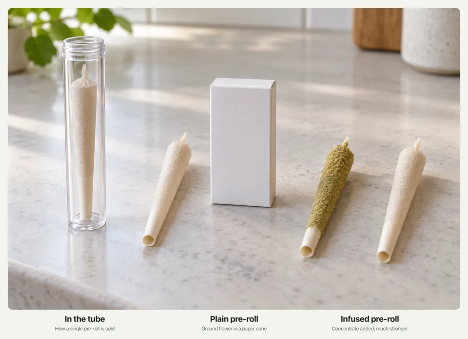 Pre-rolled cones on a counter: one in a clear tube, one plain, and one dusted with kief next to a plain one.