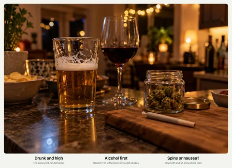A kitchen counter at a night party with a half-full glass of beer, a glass of red wine, a small jar of cannabis buds and a rolled joint on a board, with the labels Drunk and high, Alcohol first, and Spins or nausea.