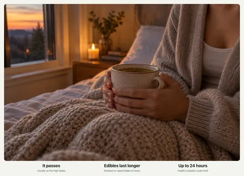 Hands wrapped around a warm mug of tea under a knit blanket by a window at dusk, with the labels It passes, Edibles last longer, and Up to 24 hours.