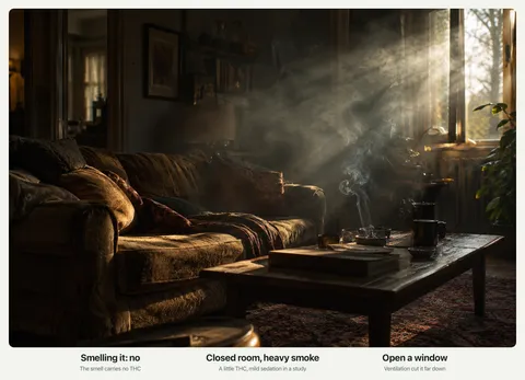 A dim living room with a haze of smoke in the air and light coming through a slightly open window, with the labels Smelling it: no, Closed room, heavy smoke, and Open a window.