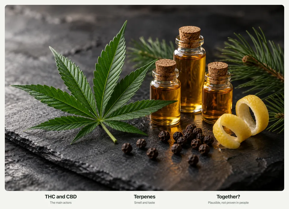 A cannabis leaf, three small vials of amber oil, peppercorns, a curl of lemon peel and a pine sprig on a slate board, with the labels THC and CBD, Terpenes, and Together?