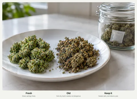Two piles of cannabis buds on a plate, one bright green and frosty, one dull and brown, next to a sealed jar with a humidity pack, with the labels Fresh, Old, and Keep it.