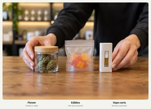 A budtender's hands setting a jar of cannabis buds, a bag of gummies and a vape cartridge box on a dispensary counter, with the labels Flower, Edibles, and Vape carts.