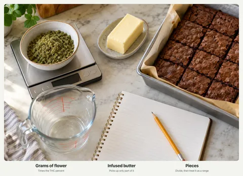 A kitchen counter seen from above with a scale holding a bowl of ground cannabis, a stick of butter, a measuring cup, a tray of brownies cut into squares and a notebook, with the labels Grams of flower, Infused butter, and Pieces.