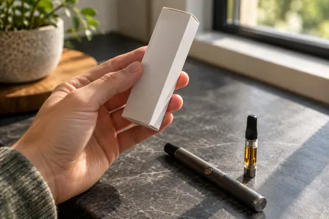 A hand holding a plain vape cartridge box up to the light, with a vape pen and a cartridge on the counter