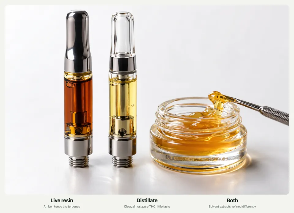 Two vape cartridges on a white surface, one with dark amber oil and one with clear golden oil, beside a small jar of golden extract, with the labels Live resin, Distillate, and Both.