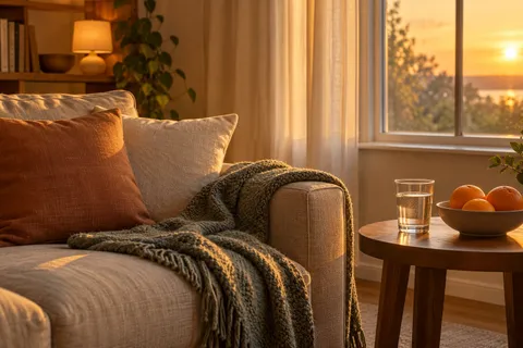 A calm living room corner at sunset with a glass of water and a bowl of oranges on a side table